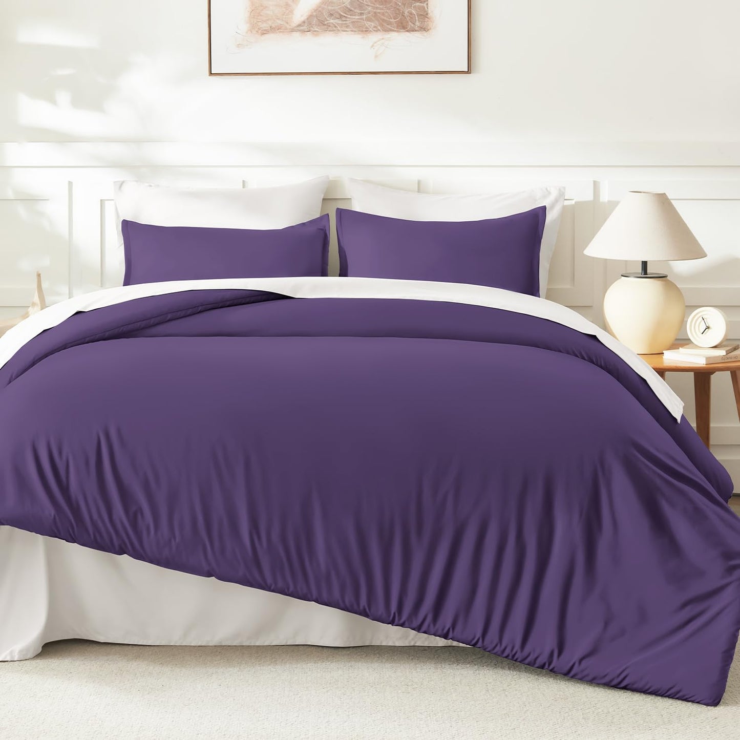 Litanika Dark Violet Purple Comforter Set King Size, 3 Pieces Lightweight Solid Bedding Comforter Set, All Season Fluffy Bed Set (104x90In Comforter & 2 Pillowcases)