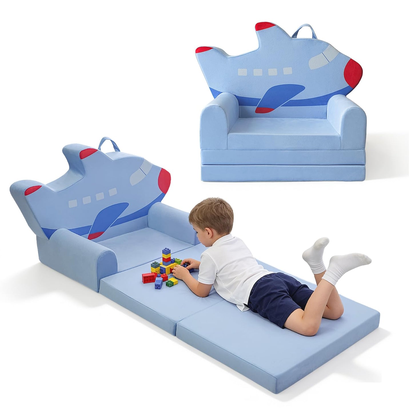 KKS KAKINNSYUU Toddler Couch 2 in 1 Flip-Out Kids Couch, Fold Out Foam Kids Sofa with Soft Washable Cover, Airplane Design for Playroom