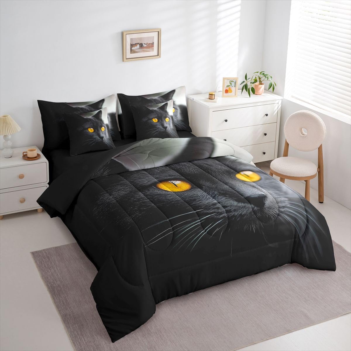 Erosebridal Black Cat King Size Comforter Set, Pet Pattern 7-Piece Bed in A Bag, Cute Kitten Sheets and Pillowcases, Black Bedding Set Room Decor