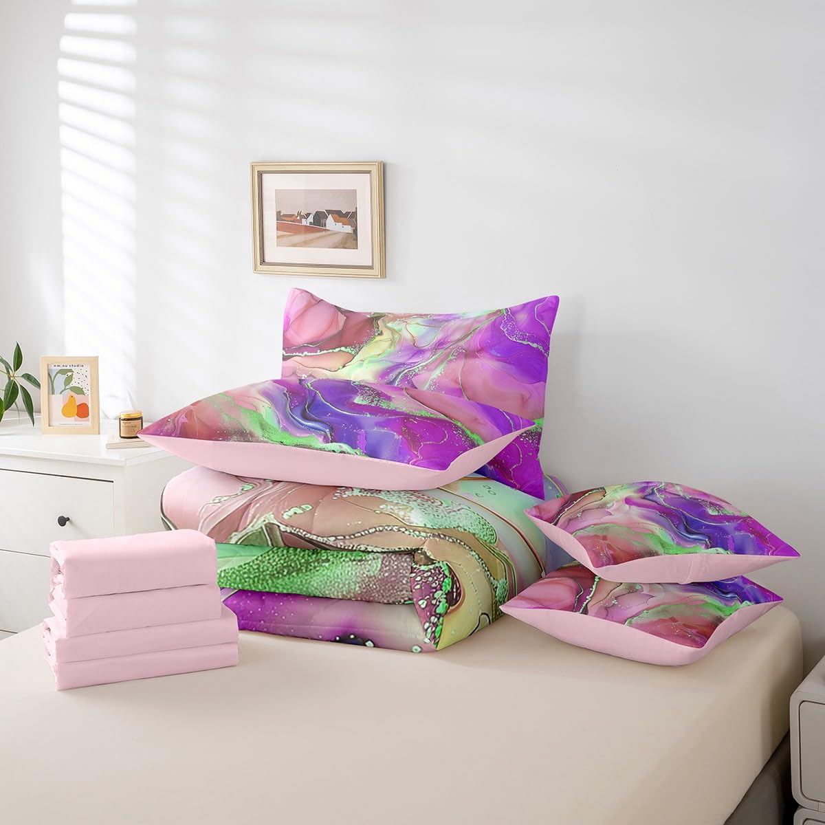 Girly Pink and Purple Bedding Full Size 7pcs Aesthetic Marble Comforter Set for Girls Women, Foil Print Bedding Comforter Sets Mountain Fluid Bed in a Bag, Rainbow Tie Dye Bedding Accessories