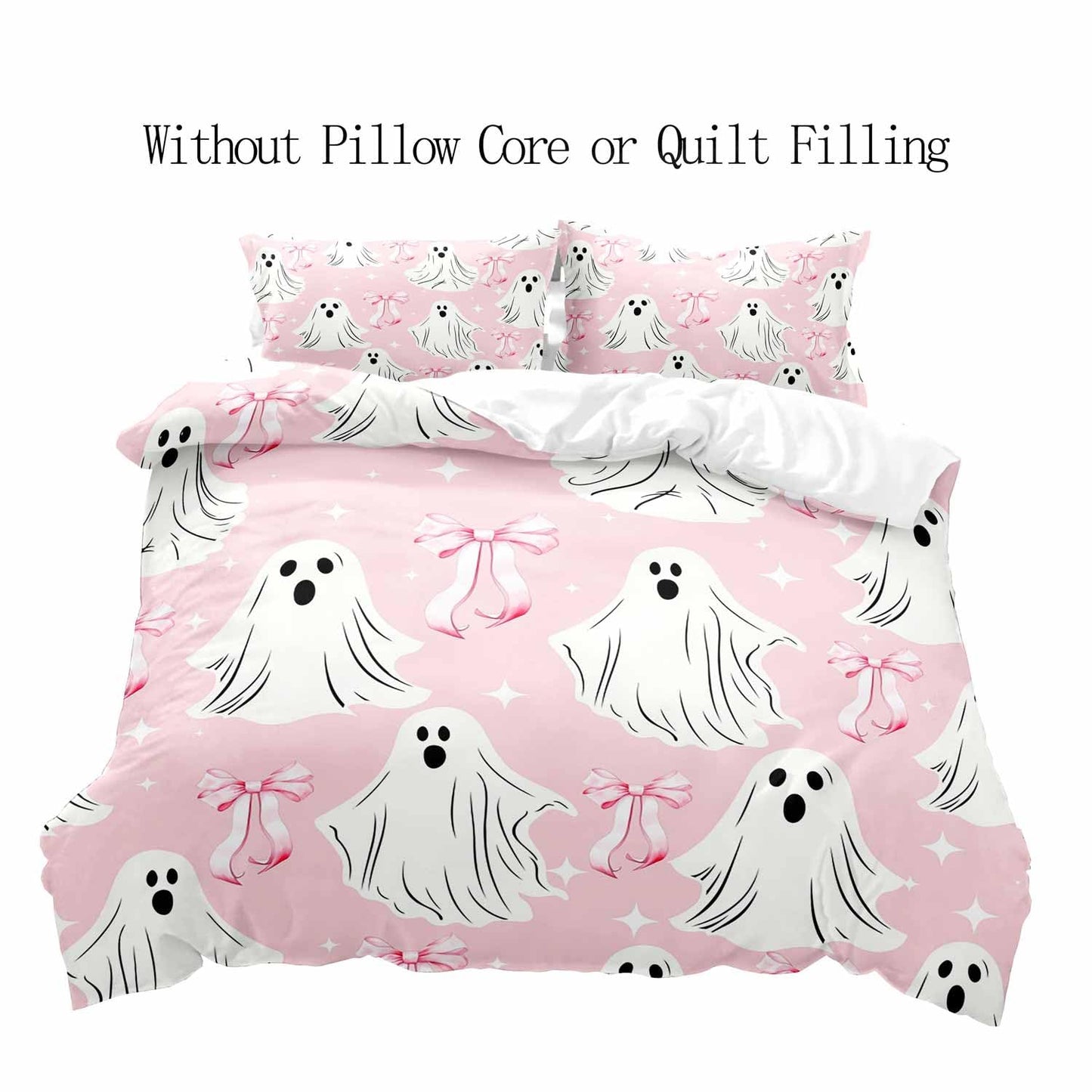 LUVIVIHOME 3PCS Cute Bow Ghost Duvet Cover Queen Bedding Sets, Teen Girls Bedding, Light Pink Duvet Cover, Spooky Halloween Comforter Cover, Coquette Room Decor Aesthetic, Bed in a Bag, 2 Pillow Cases