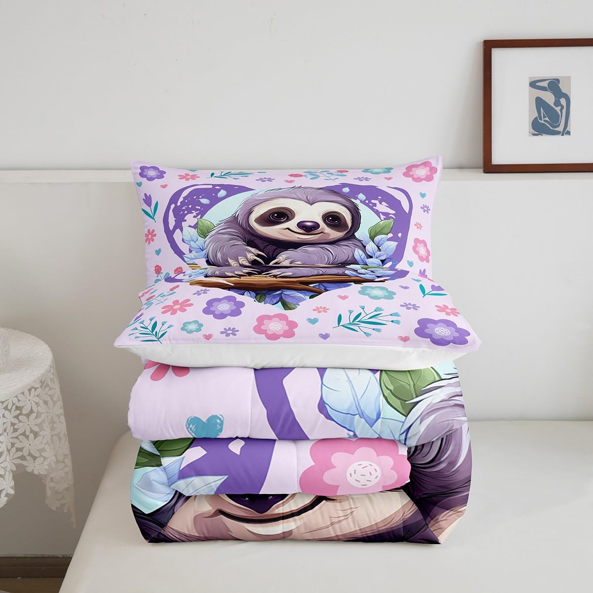 Manfei Cute Sloth Comforter Set,Kawaii Wild Animal Jungle Branch Bedding Set Kids Teens Modern Decor,Nature Flowers Leaves Graffiti Purple Comforter with 1 Pillowcase for All Seasons,Twin