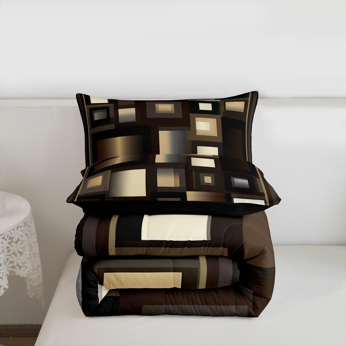 Castle Fairy Modern Comforter Set Queen Size,Brown White Khaki Square Bedding Set for Kids Boys Girls Bedroom Decoration,Abstract Grid Art Bed Duvet Insert,Geometric Comforter with 2 Pillowcase