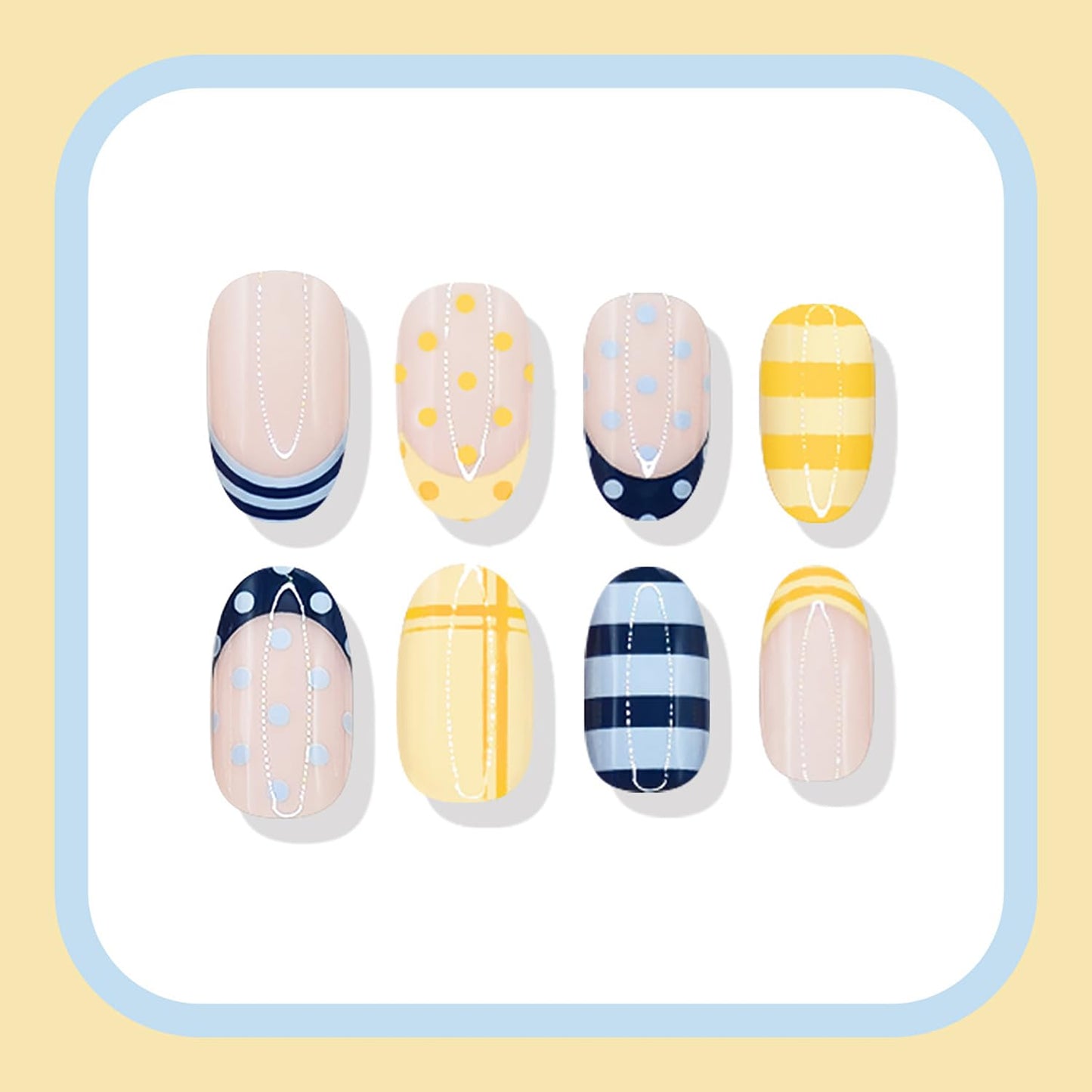 Blue Yellow Press On Nails Short Almond Fake Nails Cute Nails Press Ons With Polka Dot Stripes Designs Artificial Acrylic False Nails Full Cover Glue On Nails French Stick On Nails For Women