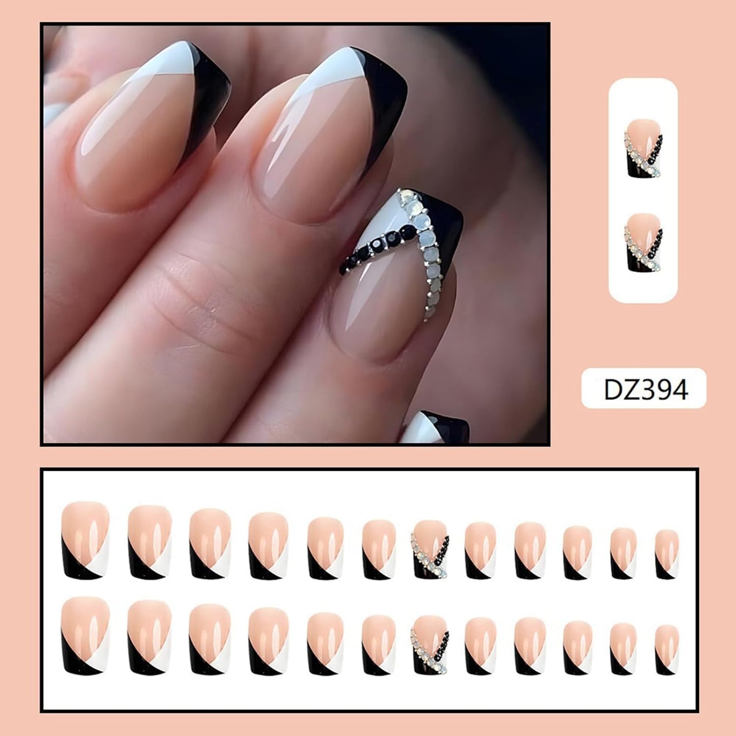 French Press on Nails Short Square Fake Nails Black White Medium False Nails with Designs Pearl Rhinestones Acrylic Nails Glossy Glue on Nails Nude Stick on Nails for Women Nails Art Manicure 24 Pcs