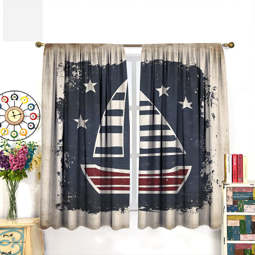 YFBBINS Retro Sailboat Pattern Blackout Curtains Thermal Insulated for Bedroom Living Room, Geometric Vintage Sailing Ship Rod Pocket Curtain Light Blocking Drapes, 2 Panels, Each 21 W x 45 L inch