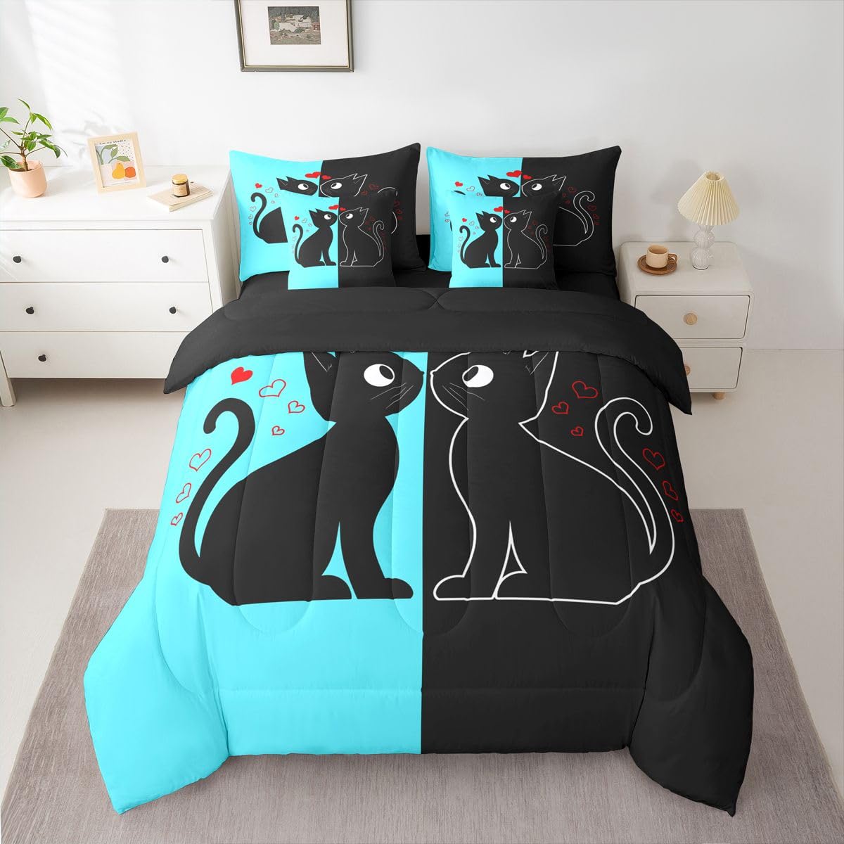 Erosebridal Cute Black Cat 7-Piece Bedding Set Full Size (Blue and Black) | Valentine's Day Cats Bed in a Bag for Couple Lovers Romantic Cats Comforter Set with Sheets Kawaii Pet Animal Duvet Insert