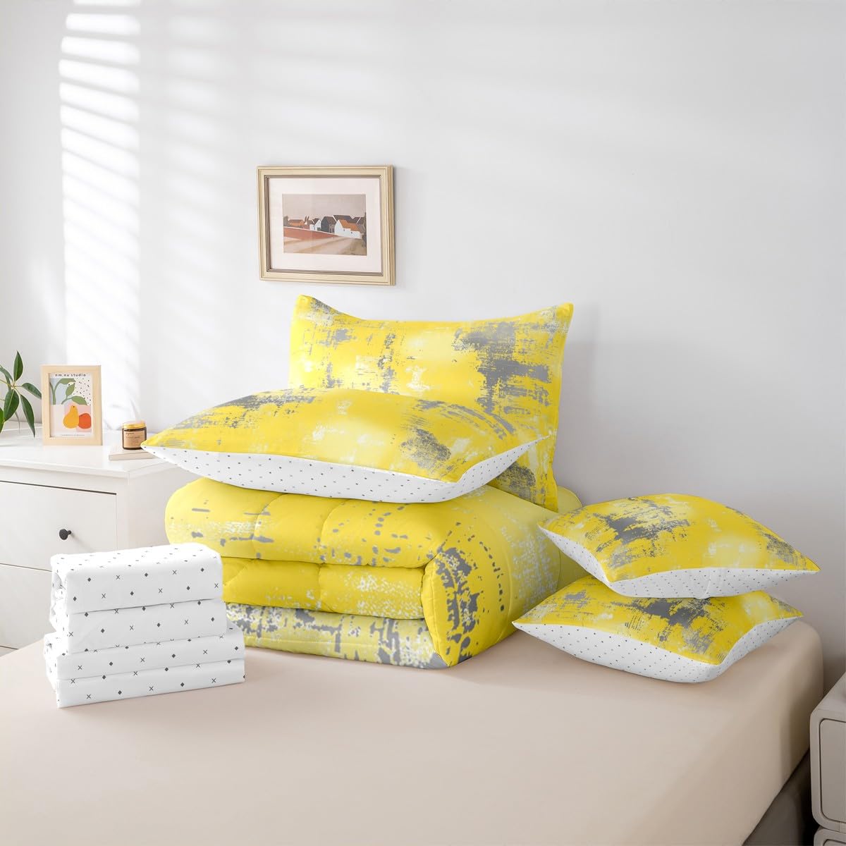 Feelyou Abstract Queen Comforter Set with Sheets for Kids Boys Girls Modern Abstract Art 7 Pieces Bedding Set Yellow Gray Bed in a Bag Luxury Room Decor Geometric Soft Lightweight Microfiber