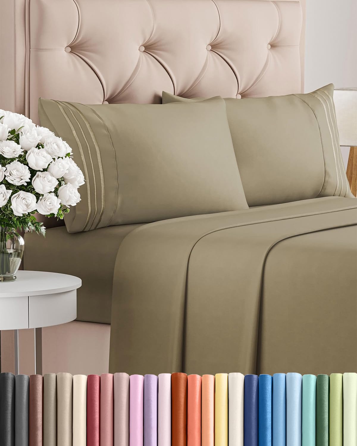 Queen Size 4 Piece Sheet Set - Comfy Breathable & Cooling Sheets - Hotel Luxury Bed Sheets for Women & Men - Deep Pockets, Easy-Fit, Extra Soft and Wrinkle Free Sheets - Khaki Oeko-Tex Bed Sheet Set