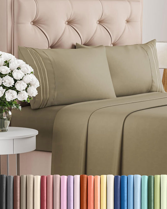 Queen Size 4 Piece Sheet Set - Comfy Breathable & Cooling Sheets - Hotel Luxury Bed Sheets for Women & Men - Deep Pockets, Easy-Fit, Extra Soft and Wrinkle Free Sheets - Khaki Oeko-Tex Bed Sheet Set