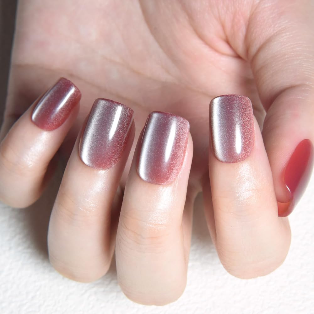 evpct Pale Mauve Cat Eye Short Press on Nails Square No Glue, Stick on Nails Short Square for Women, Metallic Glitter Glossy nails press ons, Reusable Stick Press on Acrylic Fake Nail with Designs