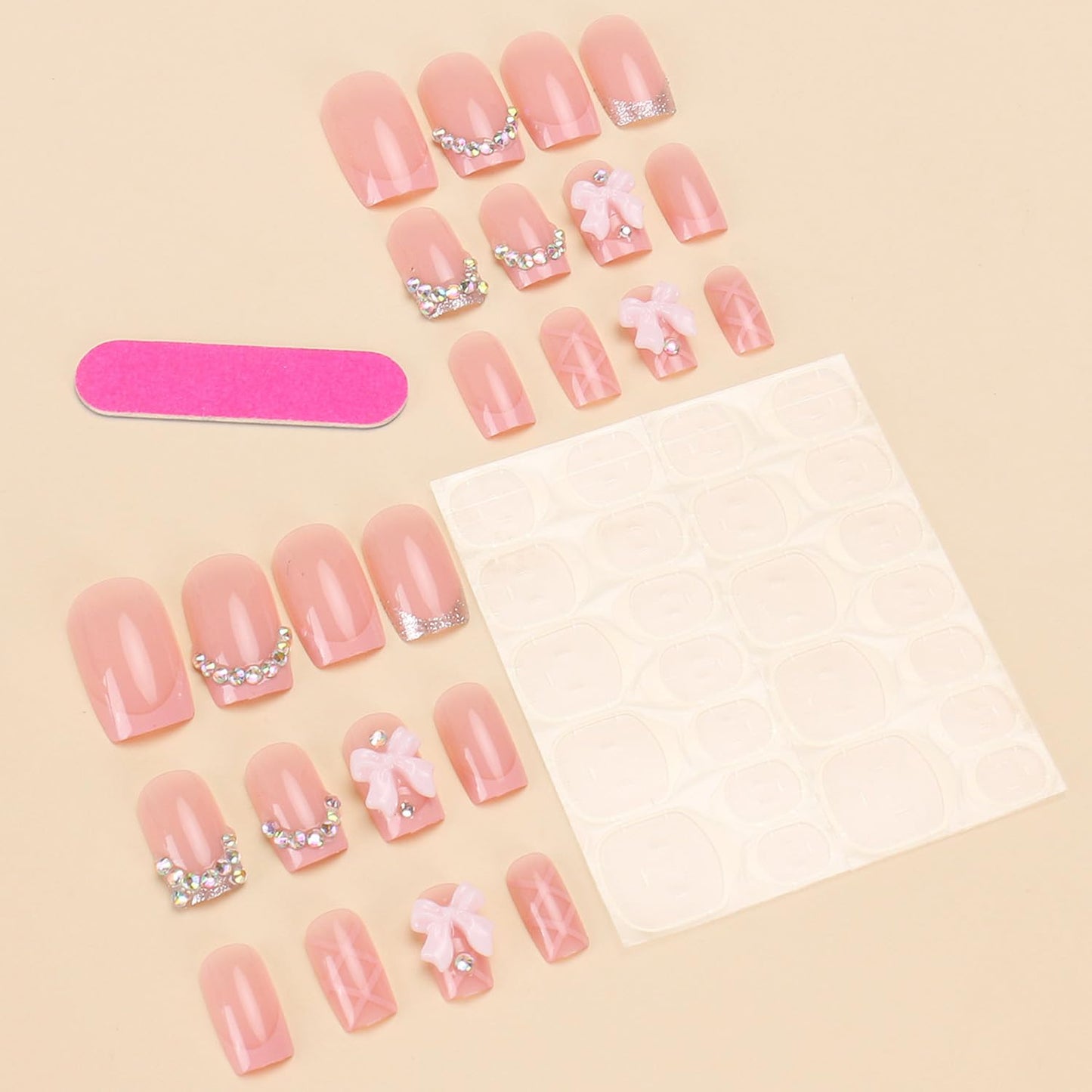 24Pcs Handmade Press on Nails Short Square with Charms Pink Bow Fake Nails French Nails Press ons 3D Rhinestone Sparkling Design Cute Bow Stick on Nails Tip Shiny for Women Daily Wear