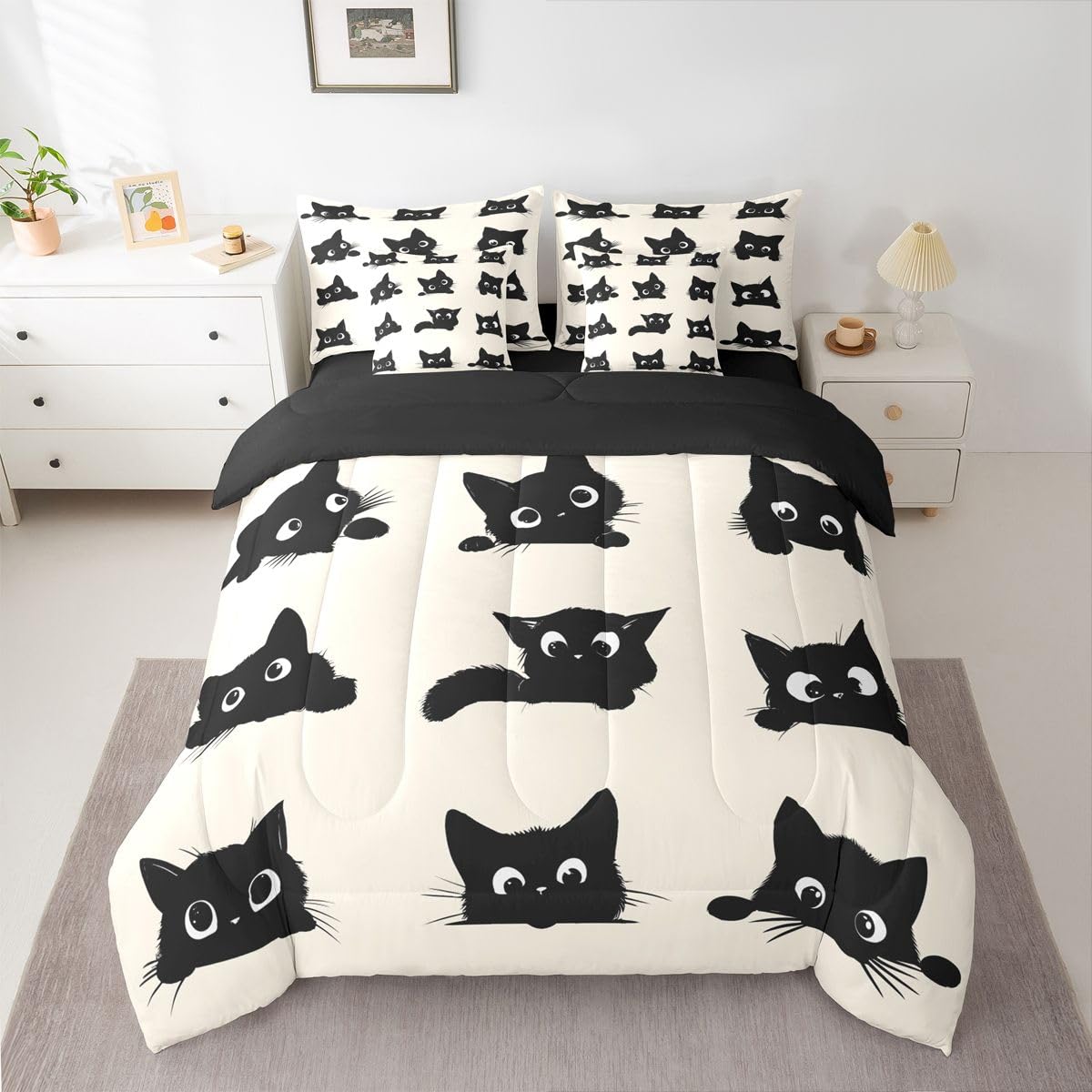 Erosebridal Cute Cat 7-Piece Bedding Set Full Size for Kids Boys Girls (Black and Beige) - Funny Black Cats Bed in a Bag Cartoon Kitten Animal Comforter Set with Sheets Cute Cat Duvet Insert