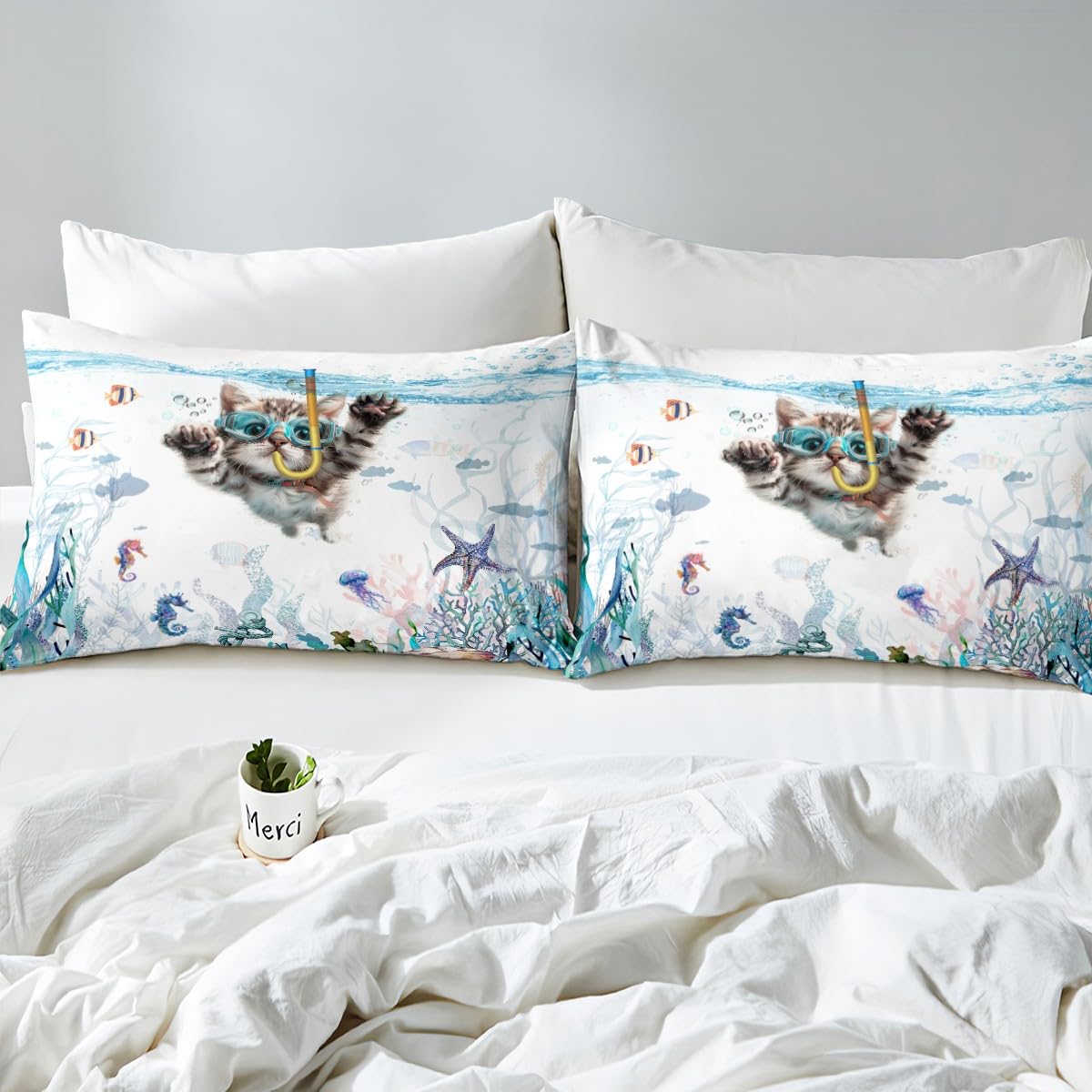 Feelyou Kids Cat Fitted Sheet Twin Size Cats Print Bed Sheet Set for Boys Girls Teens Room Decor Cute Kitten Bedding Set Cute Animal Bed Cover Deep Pocket