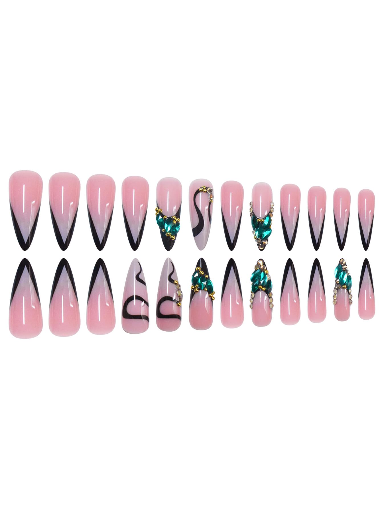 Long Press on Nails Stiletto Fake Nails French False Nails Pink Artificial Nails with Green Rhinestones Designs Sparkly Acrylic Nails Press ons Cute Stick on Nails for Women 24pcs
