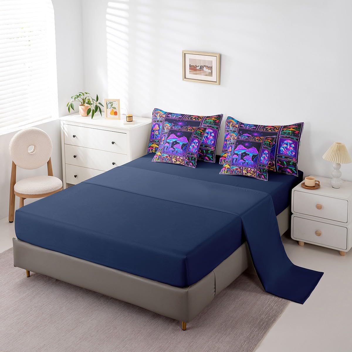 Erosebridal Mushroom Comforter Set King Size,Neon Fungus Bedding Set for Kids Teens,Psychedelic Plant (Comforter+Fitted+Flat Sheet+2 Pillowcases+2 Throw Pillow Covers) 7 Pieces Bed Set
