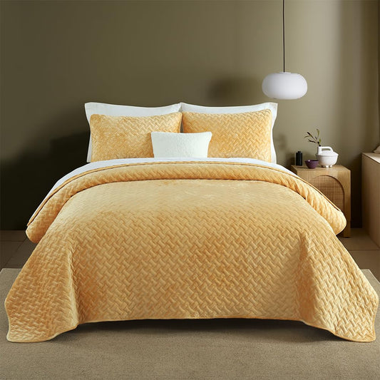 Liians Velvet Bedspread Quilt Bedding Sets,Luxury Elegant Ultra Soft Velvet Comforters Coverlet Blankets,Weave Stitching Pattern Cotton Quilted Bedspread for All Seasons,Yellow,King Size