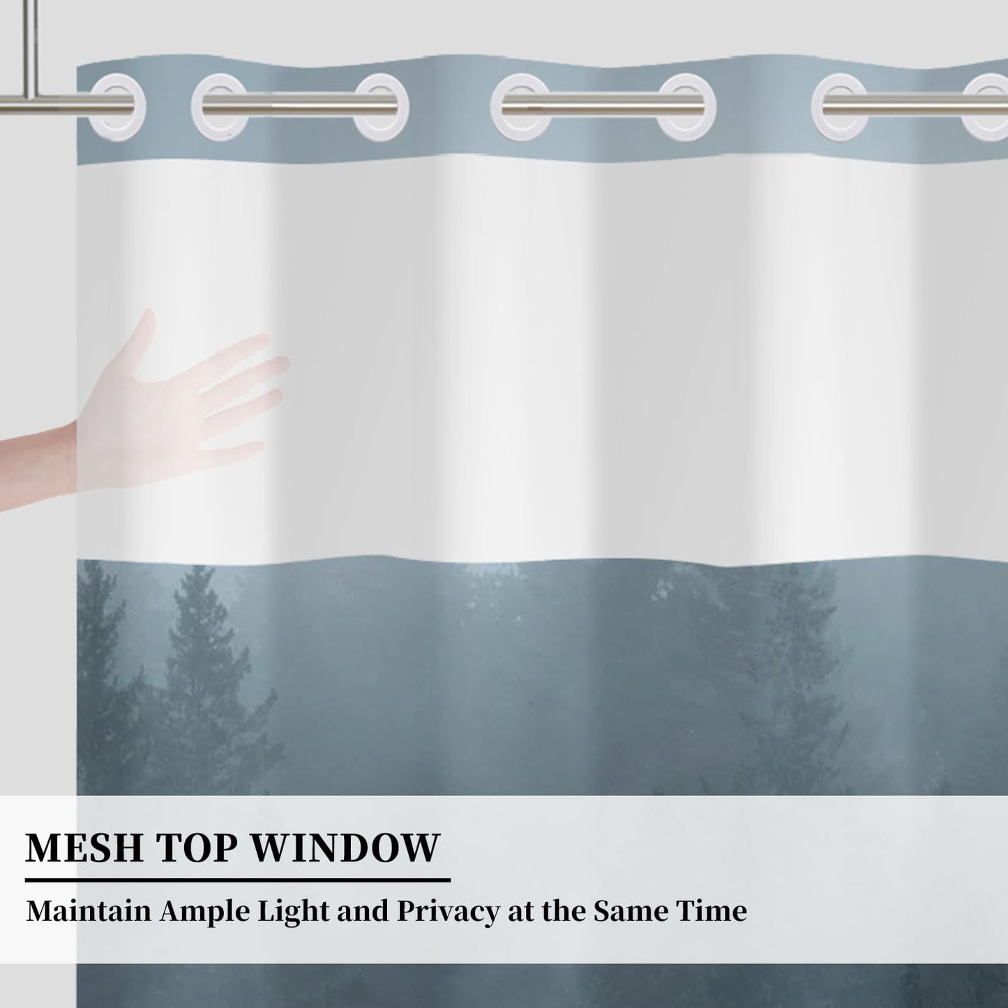 NAEMBCU No Hook Forest Shower Curtain with Snap in Liner Set, Waterproof Fabric Shower Curtain with Mesh Top Window, Misty Pine Tree Landscape Bath Curtain, Nature Woodland Bath Decor 71x74 Inch