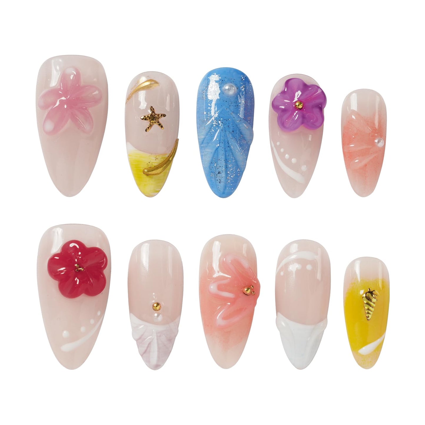 Tesytto Handmade Press on Nails 3D Floral Carved Medium Almond Fake Nails French Tips, Multi-Layer Gel Acrylic Nails for Women Nail Art (Sheer Floral Glow,M)