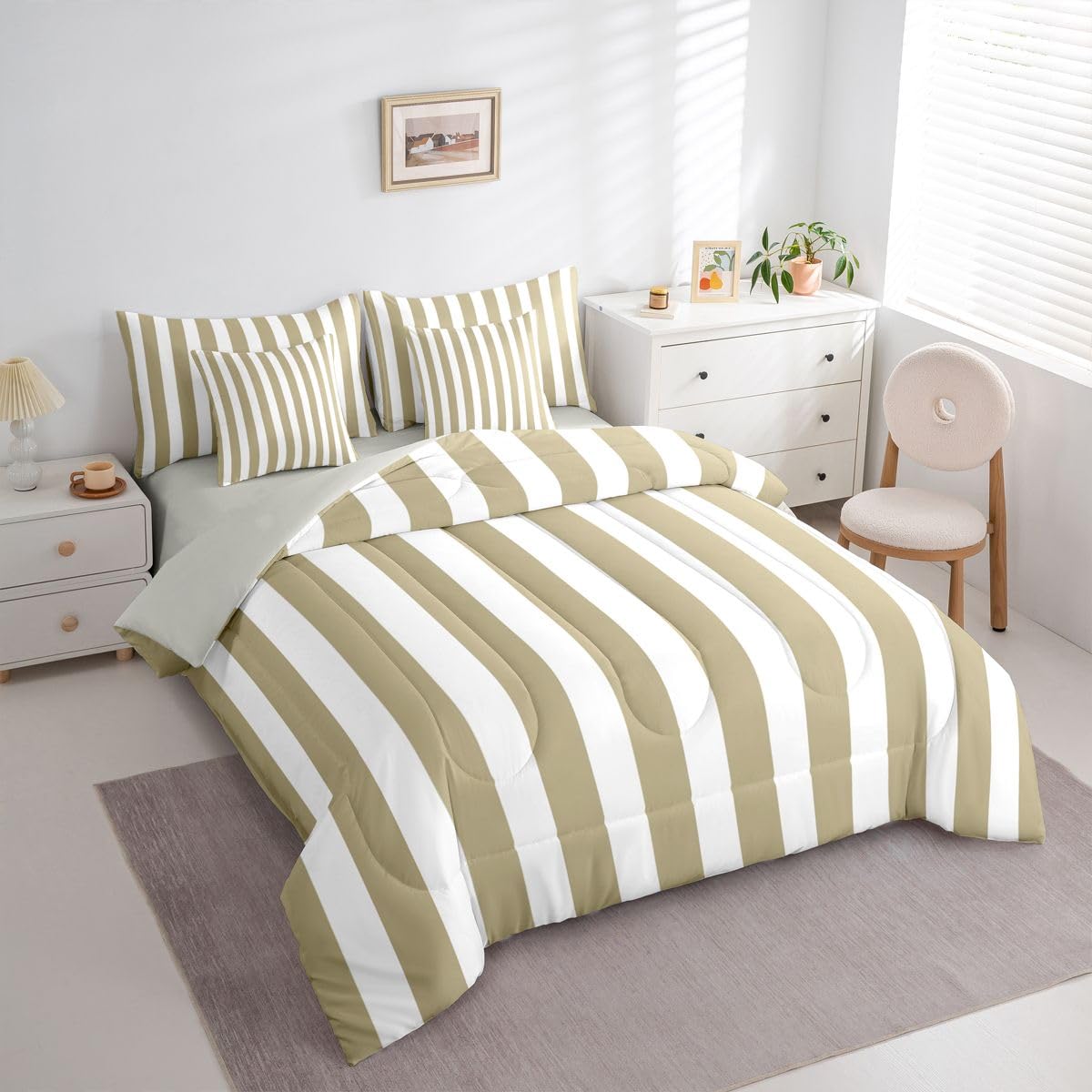 Erosebridal Beige and White Striped King 7-Piece Comforter Set Khaki Modern Abstract Striped Bedding Set with Sheets for Kids Teens Adults - Pinstripe Geometric Bed in a Bag Modern Trendy Bed Sets