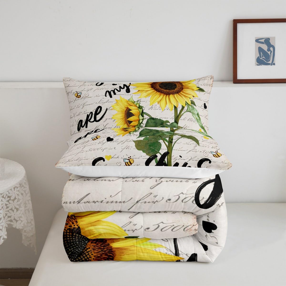 Sunflower Bedding Set Twin Size,Black Sketch Sunshine Graffiti Comforter Set 2pcs for Kids Teens Adults Home Room Decor,Rustic Farmhouse Bee Quilt Set Nature Plants Animals Duvet Insert