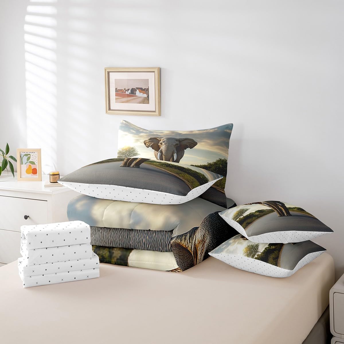 jejeloiu Elephant Comforter Set 7 Pieces Full Size Kids Boho Exotic Style Bed in a Bag for Boys Girls Ethnic Bedding Set Wildlife,Comforter + Sheets + Pillowcases + Cushion Covers