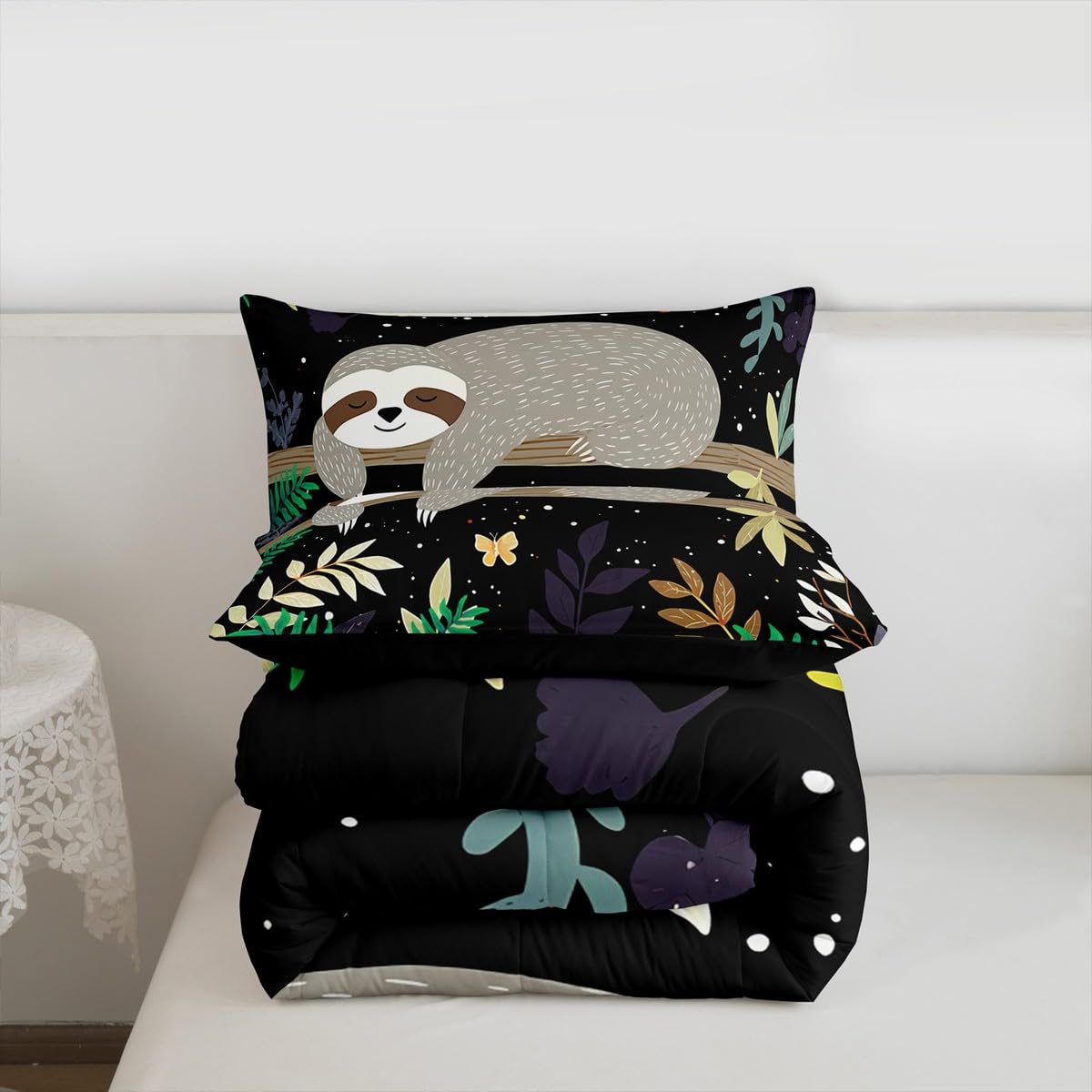 Feelyou Sloth Comforter Cute Sloth Bedding Set for Kids Boys Girls Galaxy Butterfly Comforter Set Botanical Leaves Inner Fill Duvet Set 1 Comforter Set with 2 Pillowcases Queen Size