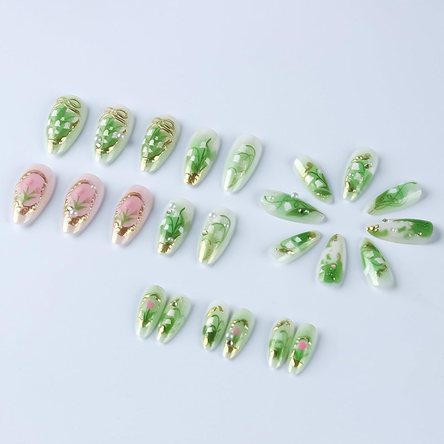 24Pcs Flower Press on Nails Medium Almond Fake Nails Green Leaf with White Flower Design Gilding Full Cover Artificial Glue on Nails Handmade False Nails Spring Summer Stick on Nails for Women DIY