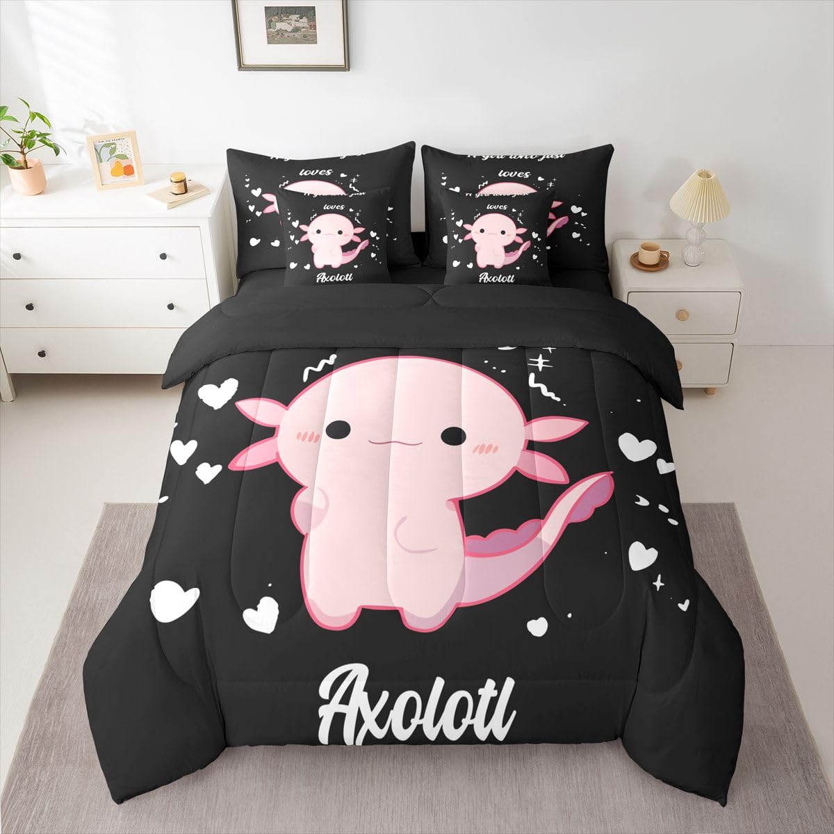 Erosebridal Love Heart 7 Piece Bedding Set King Axolotl Comforter Set with Sheets Cute Pink Salamander Girly Kawaii Bed in a Bag Axolotl Cartoon Animal Pattern for Kids Boys Girls