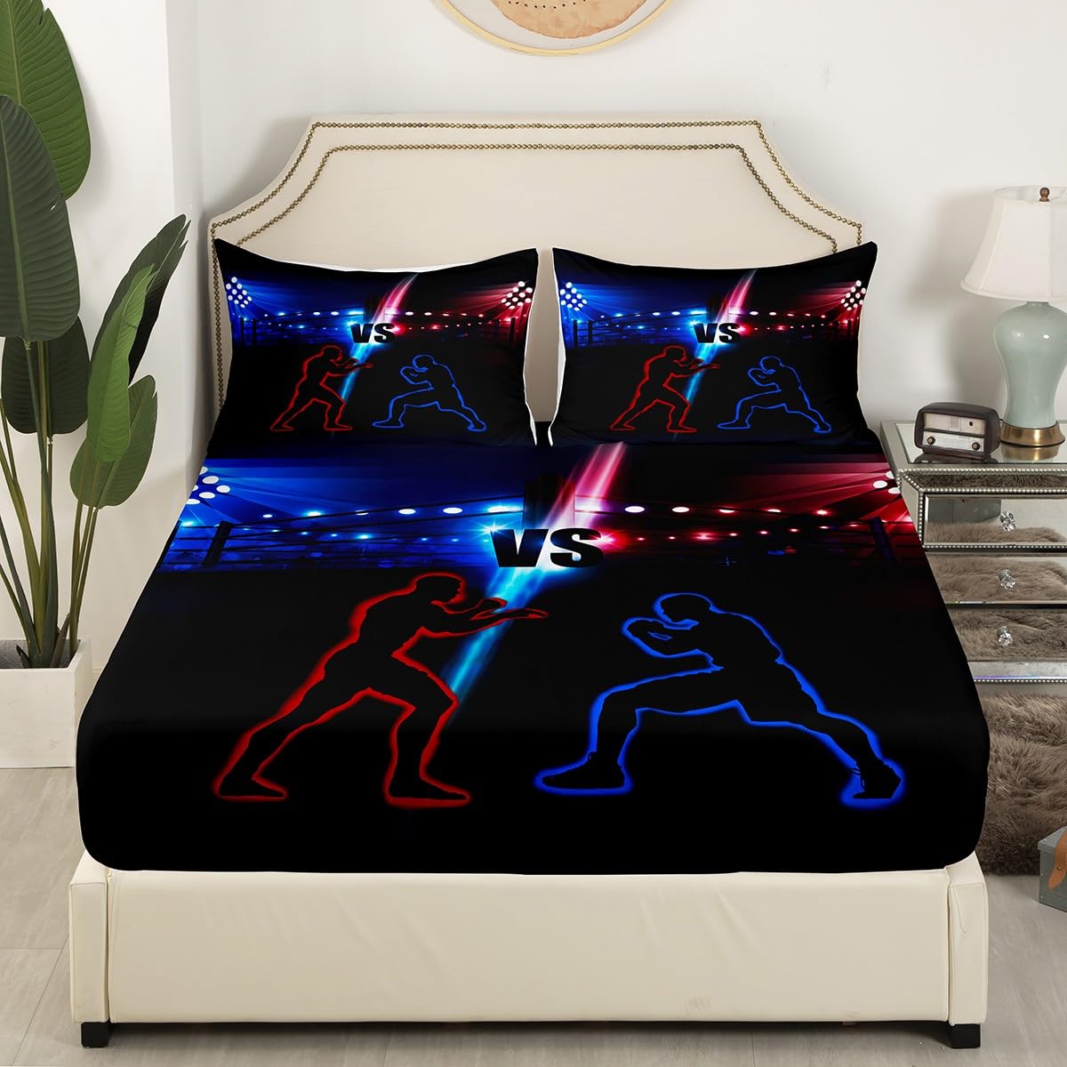 Manfei Wrestler Wrestling Fitted Sheet Twin Size, Young Men Sports Theme Bed Cover with 1 Pillowcase, Blue and Red Bedding Set 2pcs for Kids Teens Room Decor, Soft Polyester Bedding