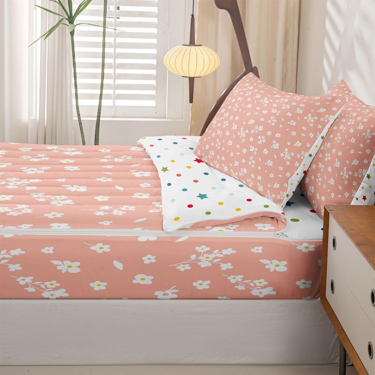 Feelyou White Yellow Orange Flower Zipper Bedding Twin Botanical Zipper Bedding Sets for Kids Boys Girls Bohemian Wildflower Comforter Set with Fitted Sheet and 2 Pillowcases Bedroom Decor