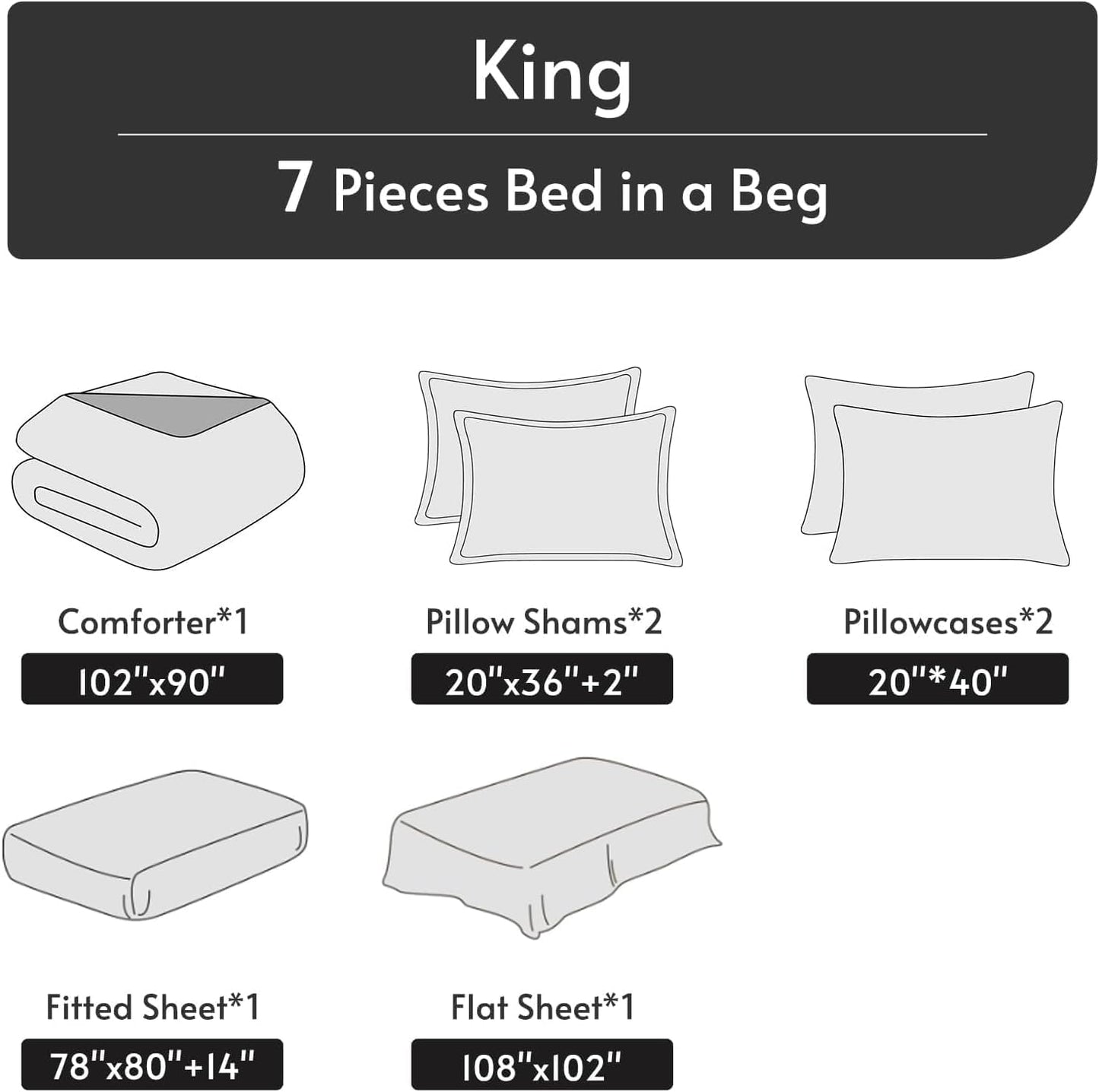 MUXHOMO Black&Grey Bed in a Bag King 7 Pieces, King Comforter Set Reversible Botanical Flowers Design, Ultra Soft & Breathable Bedding Sets with Comforter, Sheets, Pillowcases & Shams