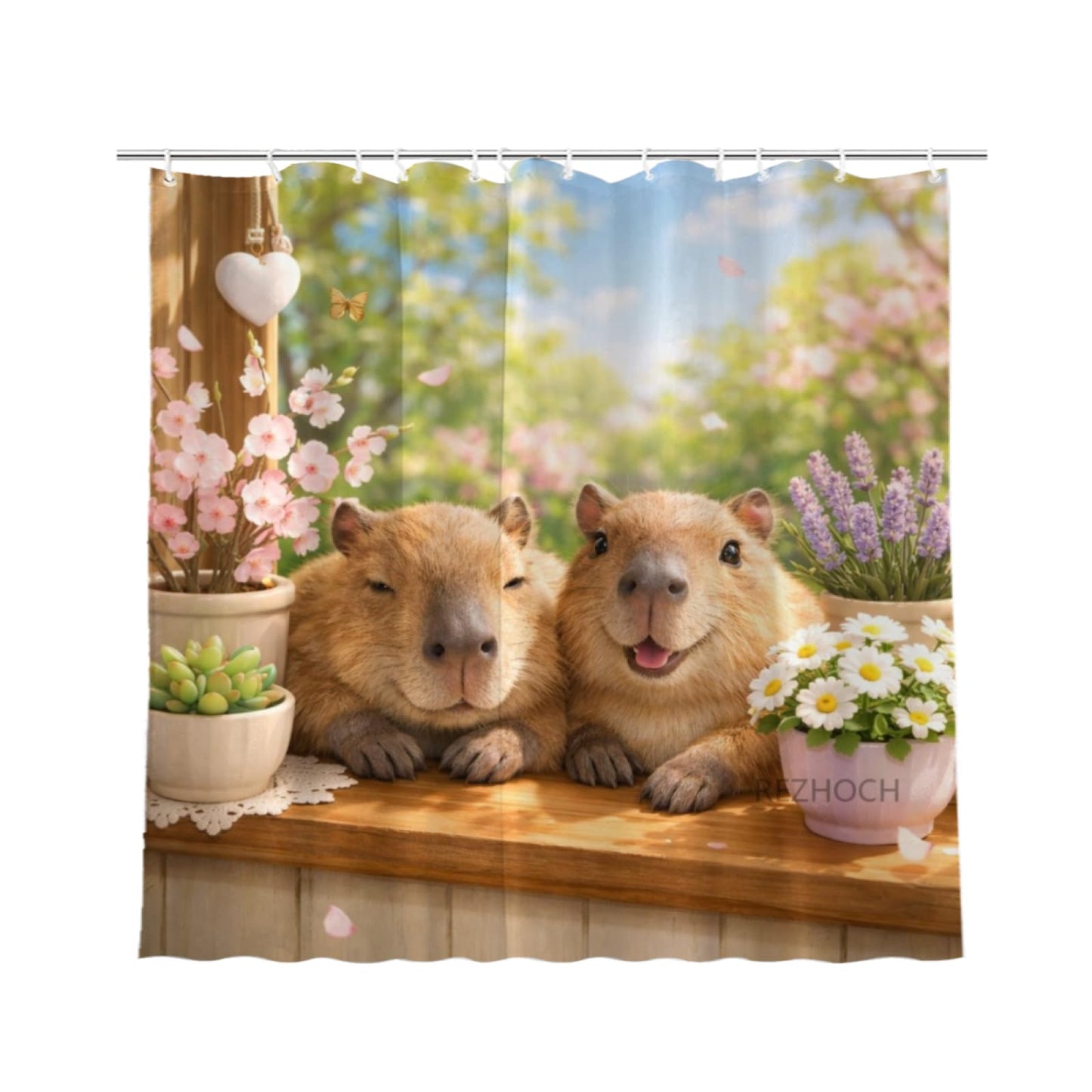 REZHOCH Fun Capybara Shower Curtain 72x72Inch Cute Animals Home Bathroom Decor,Spring Summer Floral Window Scene Rustic Farmhouse Plants Soft Pastel Nature Waterproof Bath Set