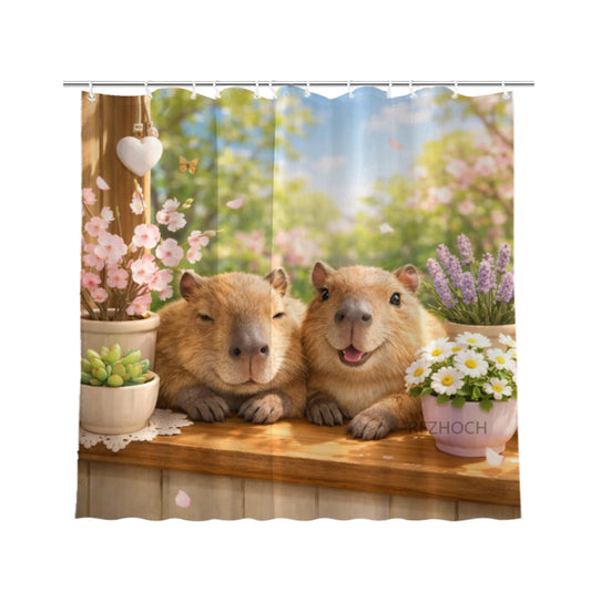 REZHOCH Fun Capybara Shower Curtain 72x72Inch Cute Animals Home Bathroom Decor,Spring Summer Floral Window Scene Rustic Farmhouse Plants Soft Pastel Nature Waterproof Bath Set