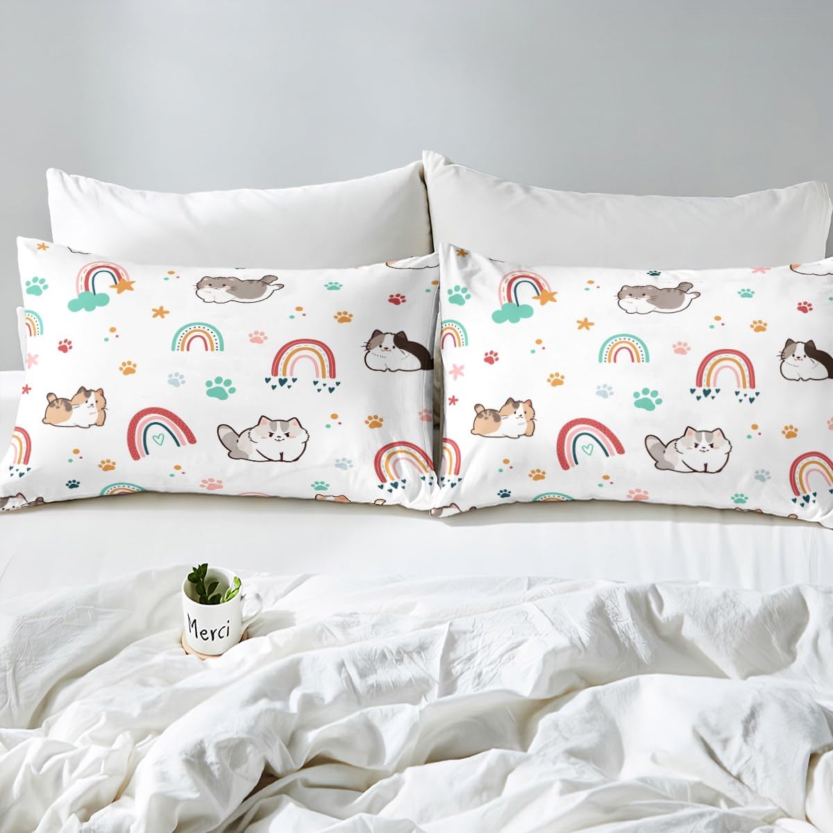 Kawaii Cats Bed Sheet Set for Kids,Rainbow Stars Cloud Cute Sheets Set,Cartoon Kittens Animal Home Decor Sheet Sets with Deep Pocket,Top Sheet,1 Pillow Case,Twin