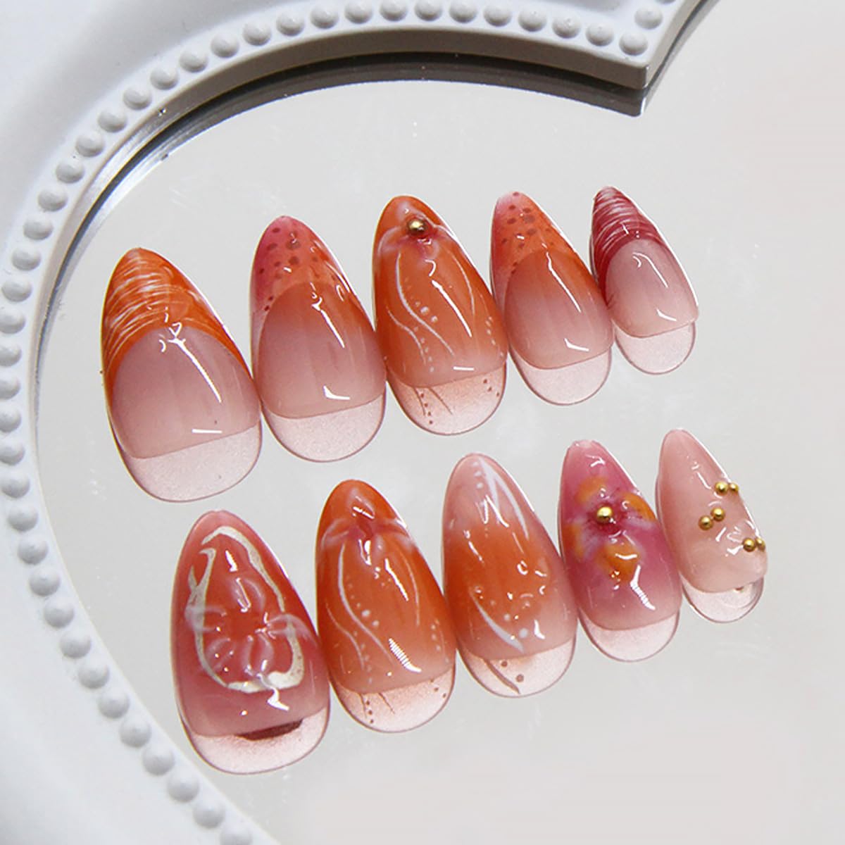 24Pcs Red Flower Press on Nails Medium Almond French Tip Fake Nails with 3D Gilding Rhinestones Design Spring Summer False Nails Full Cover Artificial Glue on Nails Handmade Stick on Nail for Women