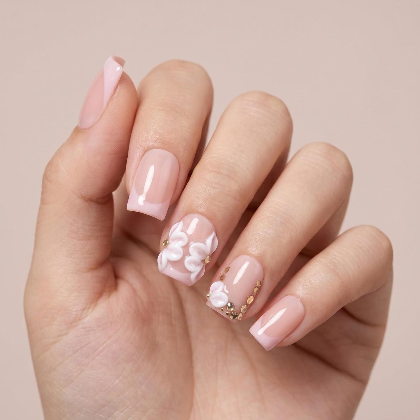 EasierGlow 10Pcs Handmade Short Square Press On Nails | Easy Apply & Remove, Reusable Salon Quality Nails | Nude Press Ons with Gold French Tips & 3D Floral Accents (Y208, S)
