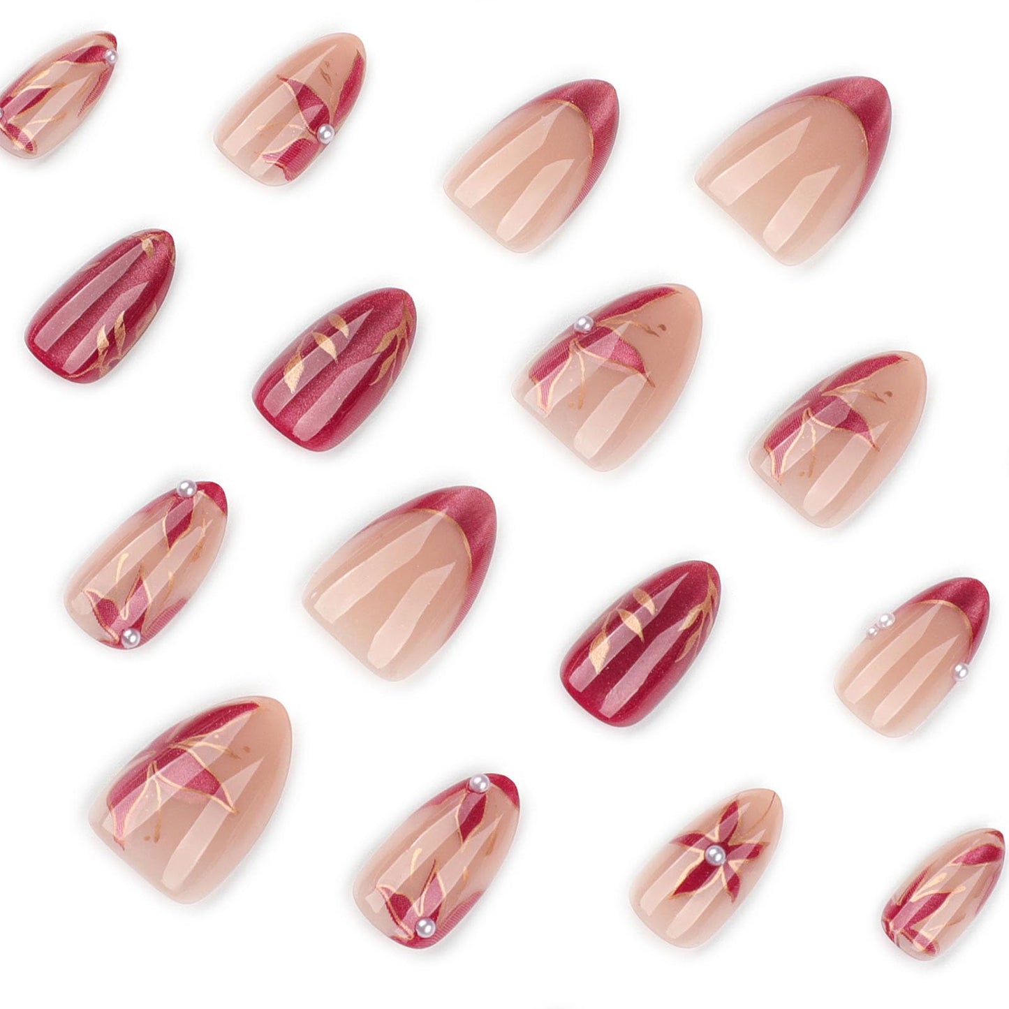 Short Press on Nails Almond Flower Red Cat Eye Acrylic Fake Nails with 3D Pearls Gold Leaf Floral Design Full Cover Reusable French Tip Glue on False Nail for Women 24 Pcs