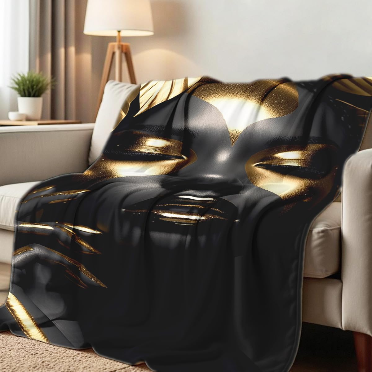 HUNXIAOJ African American Woman Blanket Throw Black Gold Print Flannel Blanket Gifts for Girls Female Women African American Couch Bed Living Room Home Decor 49"x59"