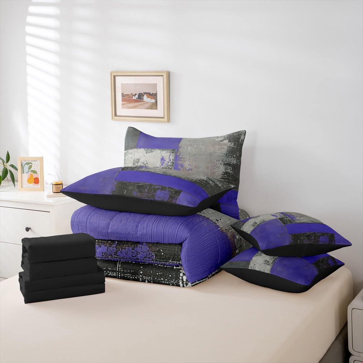 Feelyou Abstract Comforter Set King Size 7 Pieces Modern Abstract Art Bedding Set Luxury Bed in a Bag with Comforter, Sheets, Pillowcases, Cushion Covers Geometric Bedroom Decor Gray Purple