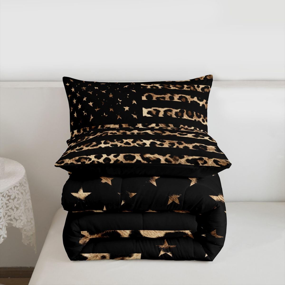 Feelyou American Flag Leopard Kids Comforter Set Queen Size Hunting Bedding Set Brown Cheetah Print Duvet Quilt for Kids Boys Girls Bedroom Animal Fur Decor Microfiber Ultra Soft Breathable