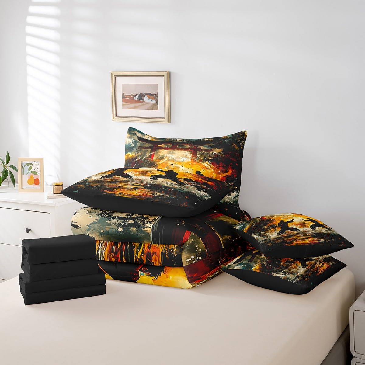 Feelyou Kids Taekwondo 7 Pieces Bedding Set Queen Size, Japanese Style Comforter Set with Sheets Samurai Bed in A Bag Boys Girls Kungfu Teens Bed Set Bedroom Decor 7Pcs