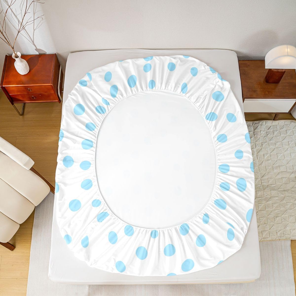 jejeloiu Polka Dots Fitted Sheet Full Size for Kids Boys Girls White Blue Bed Sheets Set 16" Deep Pocket Soft Breathable Circles Geometric Bedding with 2 Pillowcases Modern Simple Room Decor