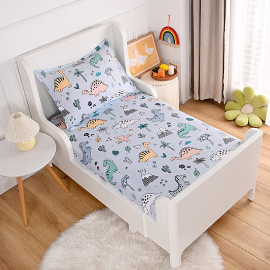 KWLOVER 2PC Soft Dino Pattern Bed Fitted Sheet and Pillowcases Set,Dinosaur Printed Sheets for Kids Full Size Bed