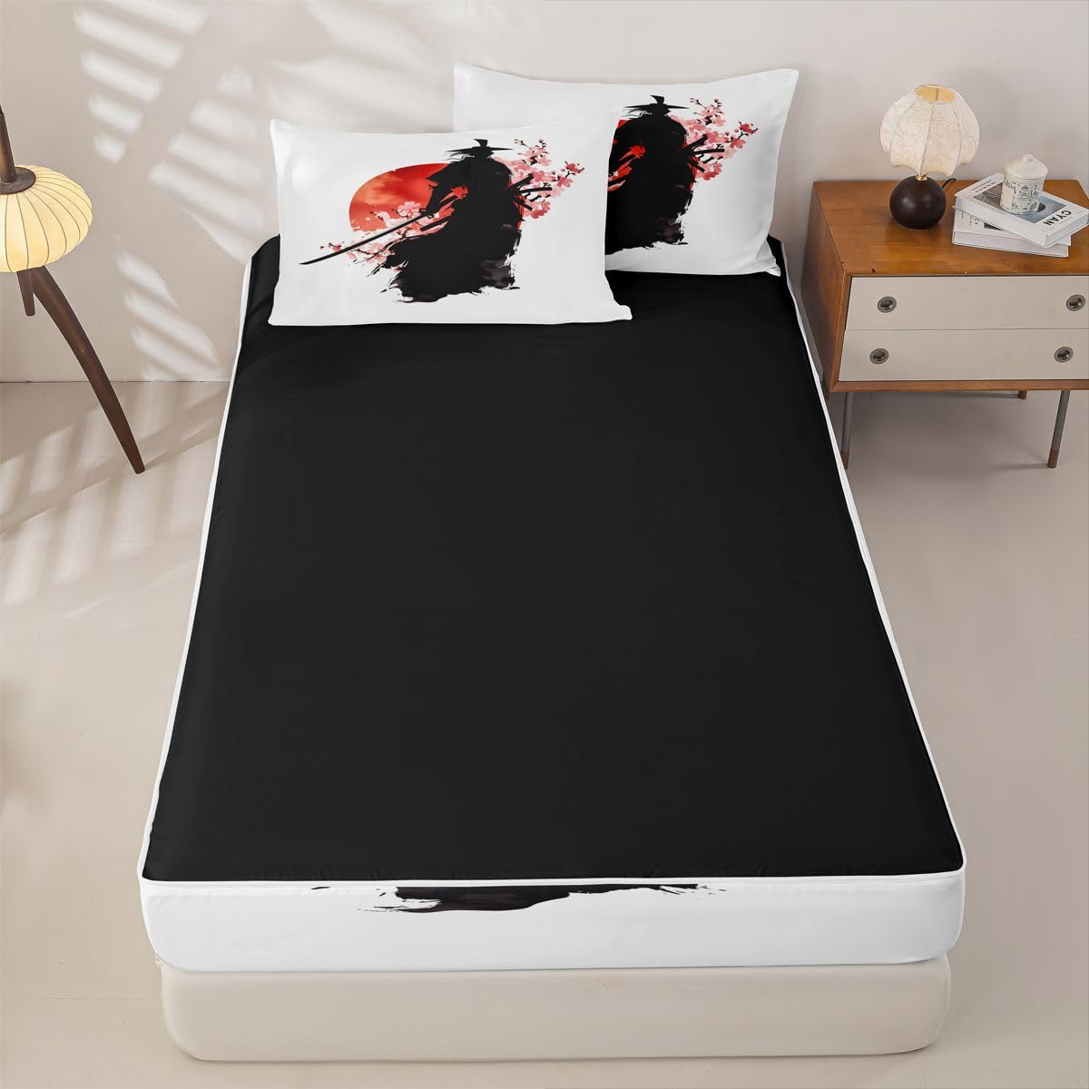 Erosebridal Samurai Zip Up Bedding Comforter Sets Twin Size, Red Sun Japanese Comforter in One Zipper - Japan Warrior Bedding Set with Pillowcases