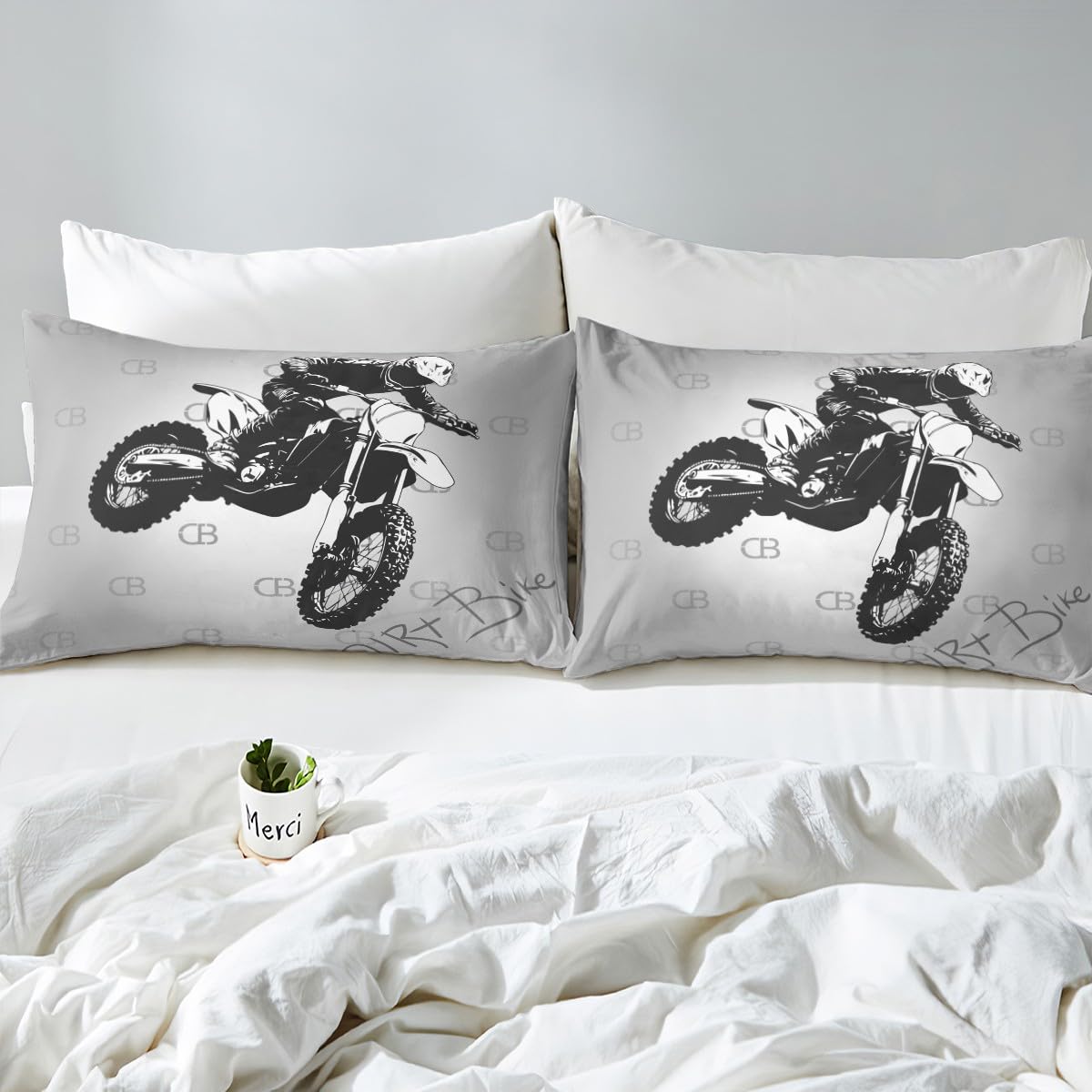Feelyou Extreme Sports Fitted Sheet Motocross Rider Bedding Set Motorcycle Pattern Design Bed Sheet Set for Boys Kids Room Decor Gray Dirt Bike Bed Cover Twin Size with 1 Pillow Case