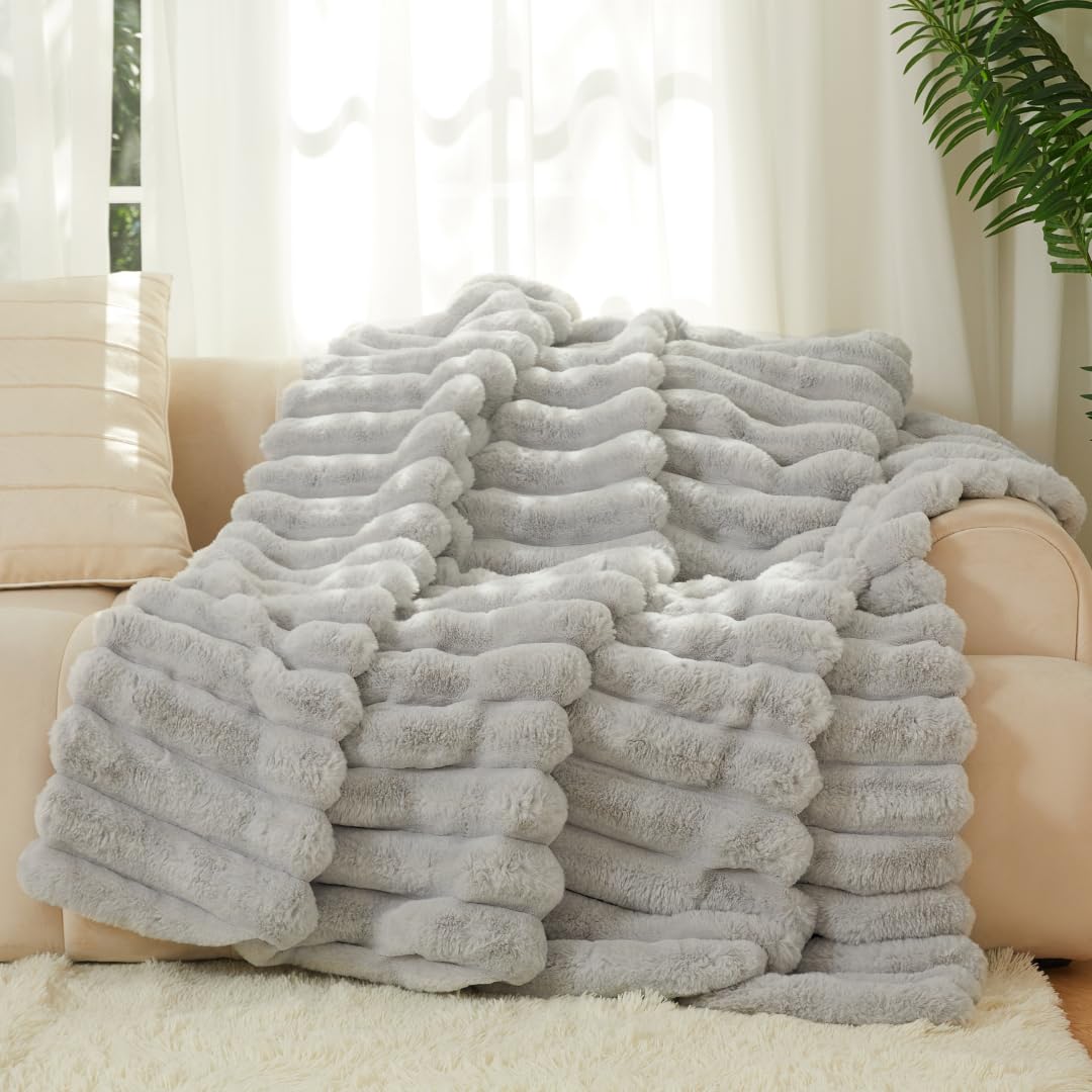 The Nantucket Blanket - LuxeComfort Faux Fur Striped Blanket 60"x70" Pebble Grey - Luxuriously Soft Cozy Warm Gift for Women, Plush Silky Fuzzy Heavyweight Reversible Design Home Decor