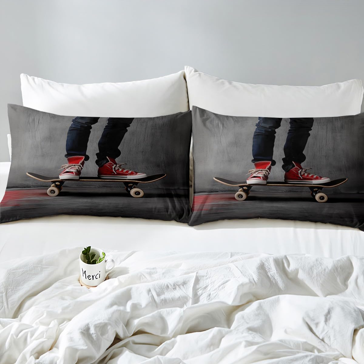 Feelyou Youth Skateboard Comforter Cover Set Boys Teenage Sports Theme Duvet Cover Hippie Skater Bedding Set 2 Pillowcases Full Size