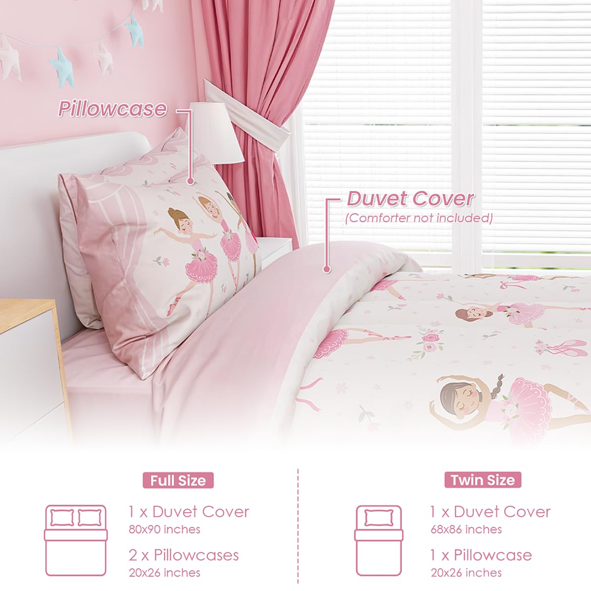 SANDJEST Ballet Duvet Cover Sets Full Size for Kids Girls, Incude 1 Polyester Comforter Cover 80x90 Inches and 2 Pillowcases 20x26 Inches, Comforter Not Included, Gift for Christmas Birthday