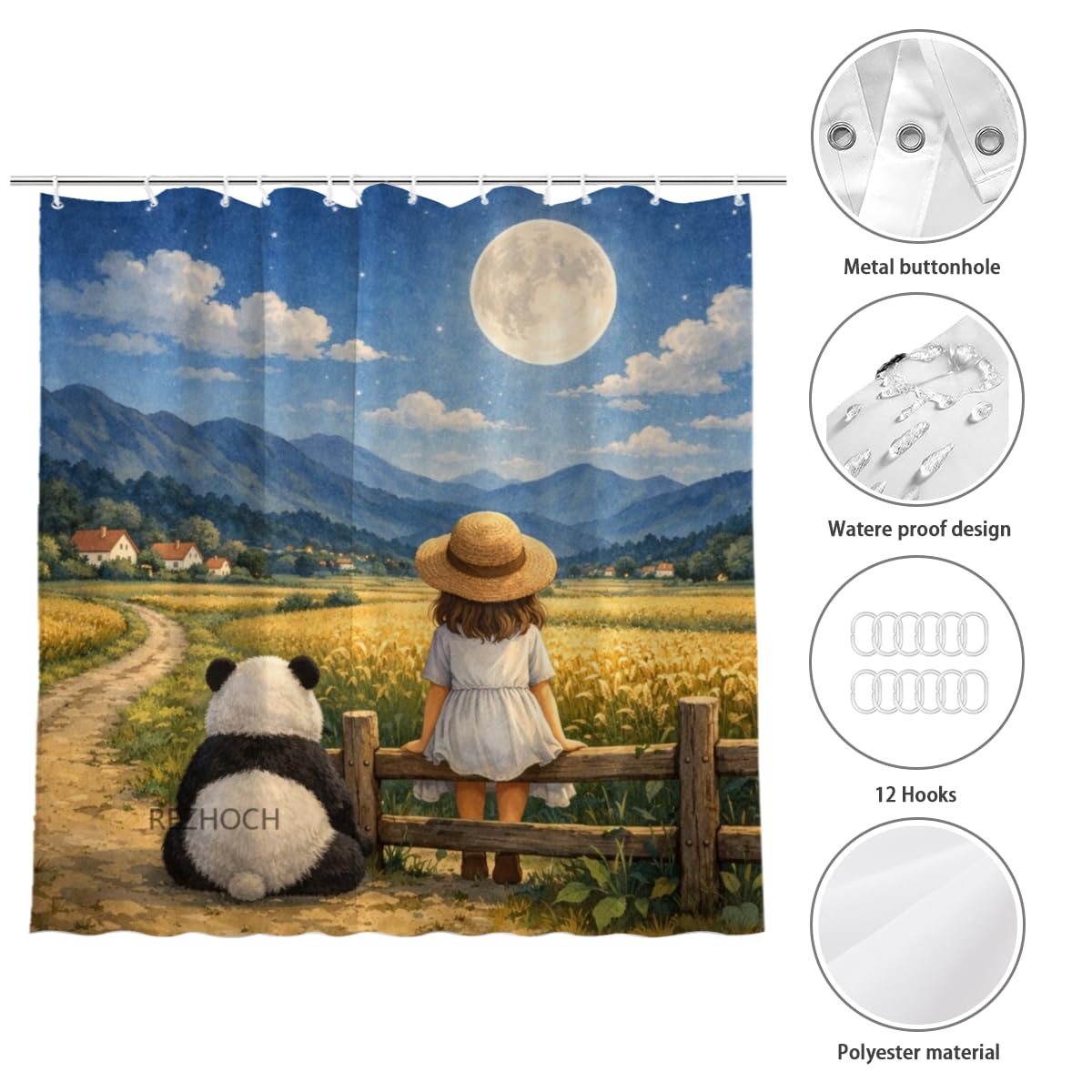 REZHOCH Moonlit Country Fun Panda Shower Curtain 72x72Inch,Cute Girl Animal Home Hotel Bathroom Decor,Farmhouse Rustic Nature Night Sky Full Moon Waterproof Fabric Bath Set